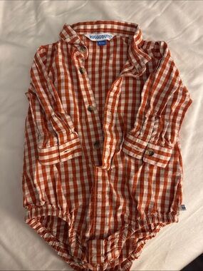 Ruggedbutts Orange Gingham Baby One-Piece Bodysuit with Button Front